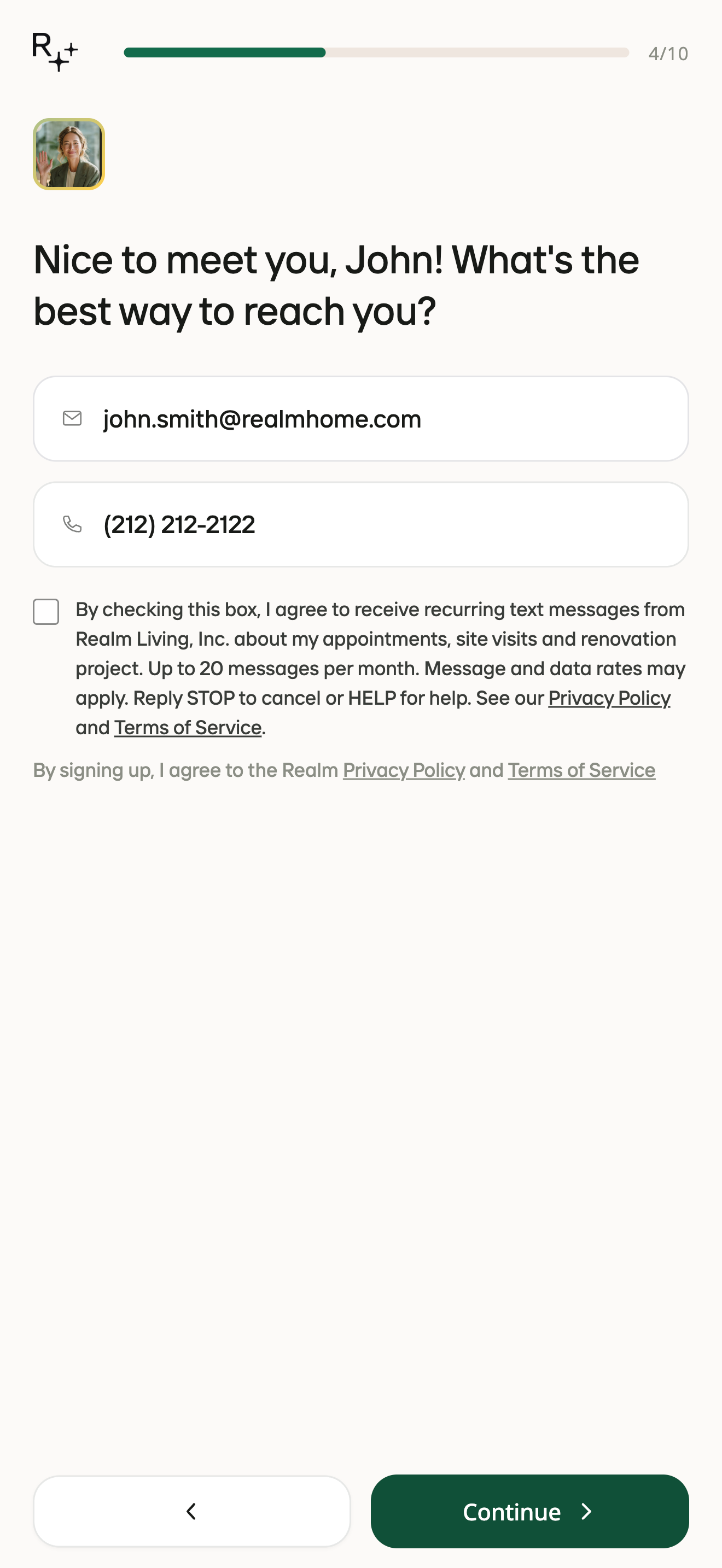 Email and phone step filled in, SMS consent checkbox still unchecked, Continue button enabled