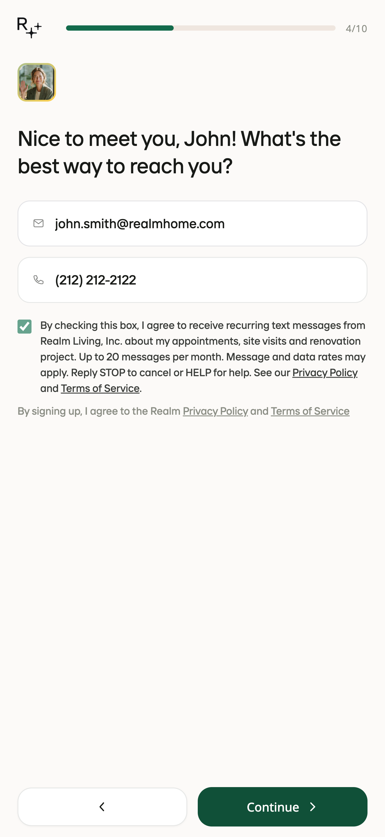 Email and phone step filled in with the SMS consent checkbox actively ticked